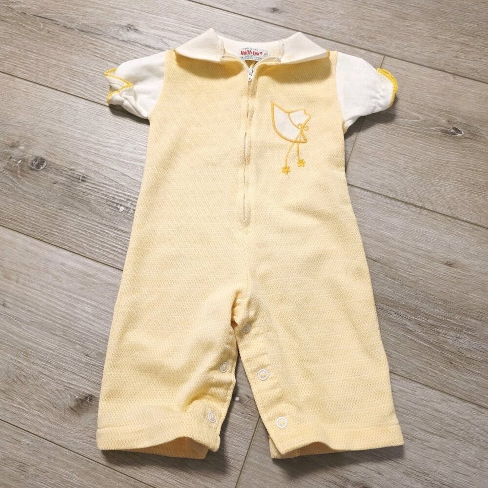 Vtg Yellow White Helth Tex Embroider Bonnet Romper Infant 6 Months READ